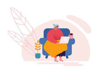 Happy Senior Lady with White Hair and Eyeglasses Sitting on Couch with Laptop Watching Movie or Communicate in Social Media Network. Elderly Woman Character with Device. Cartoon Vector Illustration