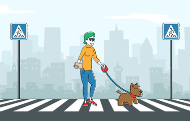 Blind Woman Walking with Guide Dog Crossing Street along Zebra. Special Trained Animal Helping to Disabled Female Character to Walk in City. Vision Disability, Eyes Disease. Linear Vector Illustration
