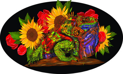Fototapeta premium iguana reptile multicolored abstraction green orange blue composition and flowers on a background of bright sunflowers roses red details barcode graphic black background vector illustration