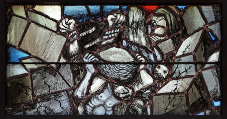 Resurrection, God gives people new life, detail of stained glass window by Sieger Koder in church of Saint John in Piflas, Germany