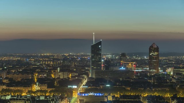Lyon panoramic view time lapse video from night do day waekening city france city lyon from above.