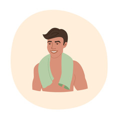 Young man smiling with a towel after a shower. Simple concept. Vector illustration isolated