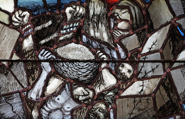 Resurrection, God gives people new life, detail of stained glass window by Sieger Koder in church of Saint John in Piflas, Germany