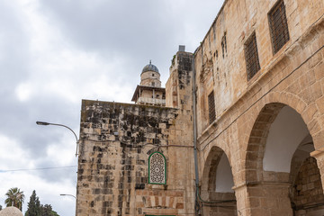 The Medresse and the Bab al-Silsila minaret are on the Temple Mount in the Old Town of Jerusalem in Israel