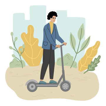 Young man riding an electric scooter in a park. City life. Vector illustration, template banner. 