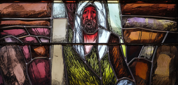 God leads his own to completion in all his glory, detail of stained glass window by Sieger Koder in church of Saint John in Piflas, Germany