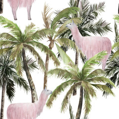 Watercolor abstract seamless pattern with llama on white background.  Palm trees jungle print. Hand drawn illustration © natikka
