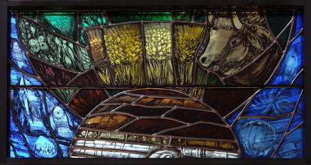 God leads his own to completion in all his glory, detail of stained glass window by Sieger Koder in...