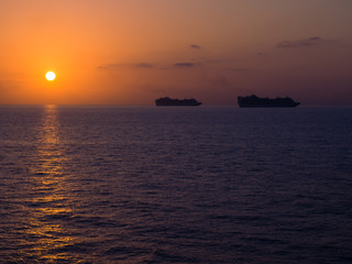 Fototapeta na wymiar Cruise ships in the open ocean at the quarantine time during COVID-19 virus epidemic