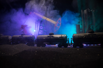 Train moving in fog. Ancient steam locomotive in night. Night train moving on railroad. orange fire background. Horror mystical scene