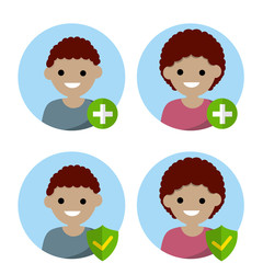 Fototapeta na wymiar Set of avatars young student. Icon green medical cross and shield protection. Man and woman. Health and hospital. Cartoon flat illustration. Social network. Cute african character. Boy and girl