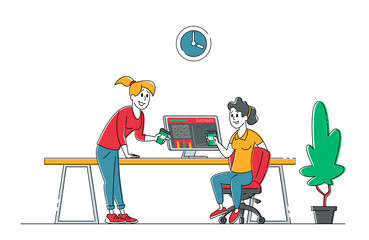 Team Group of Creative Women Characters Sitting at Office Desk with Pc Working in Studio or Coworking Area. Office Employees Business People Work in Company, Teamwork. Linear Vector Illustration