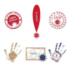Handprint round shape stamp with the text coronavirus. Virus icon, 2019-covid, molecule drawing, handshake rejection