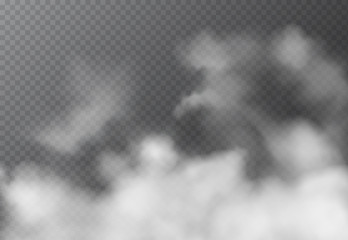 Realistic white fog or smoke isolated on transparent background. Atmosphere mist effect and smoke clouds special effect.