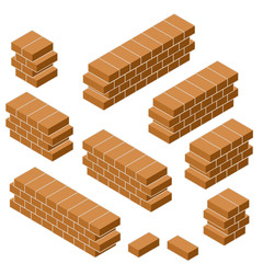 Set of red brick fence in isometric view. Low barrier and fence. Construction of buildings. Material for renovation of house and curb of road