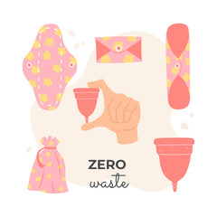 Hygiene and care items during menstruation. Menstraul cup in hand. Zero waste objects. Illustration. 