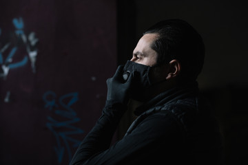 Caucasian man wearing protective mask and gloves outdoor