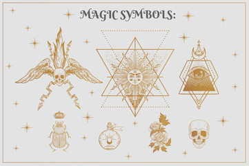 Vector witch and Magic Collection with: eyes, moon, sun, fire, scarab, skull, flowers, glass jar, wings. set of mystical tattoos - obrazy, fototapety, plakaty