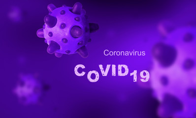 COVID-19 coronavirus banner, microscopic view of SARS-CoV-2 corona virus in cell, 3d illustration. Research of coronavirus outbreak and pandemic.