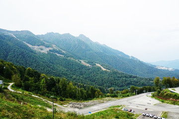 mountain landscape in foggy haze at Rosa Khutor in Sochi