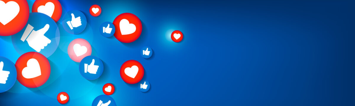 Horizontal blue background with hearts and thumbs up in the form of social media icons.