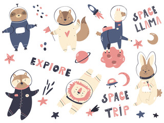 Big set of astronaut animals and space animals.