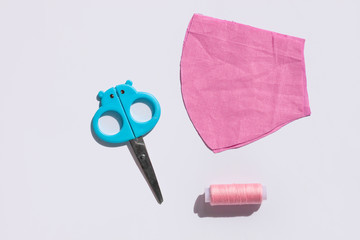 Handmade fabric sew face mask against coronavirus disease COVID-19 pandemia step by step photo set. Sewing machine, medical materials shortage.Prevent remedies deficit,homemade cotton virus protection