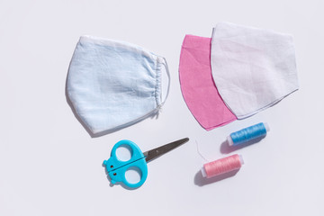 Handmade fabric sew face mask against coronavirus disease COVID-19 pandemia step by step photo set. Sewing machine, medical materials shortage.Prevent remedies deficit,homemade cotton virus protection