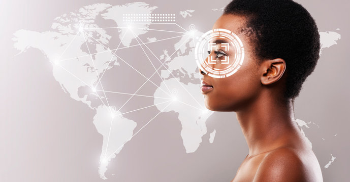 Personal info collection. Eye scan of African American woman, collage with data on virtual screen. Blank space