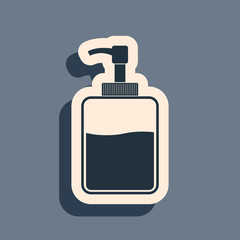 Fototapeta premium Black Hand sanitizer bottle icon isolated on grey background. Disinfection concept. Washing gel. Alcohol bottle for hygiene. Long shadow style. Vector Illustration