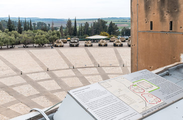 View from the roof of the Armored Corps Museum to the Memorial Site with military equipment in Latrun, Israel