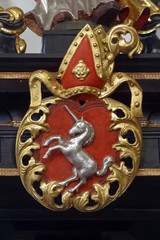 The coat of arms of Bishop Mikulic, pulpit in the Church of Saint Catherine of Alexandria in Zagreb, Croatia