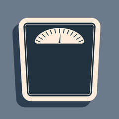 Black Bathroom scales icon isolated on grey background. Weight measure Equipment. Weight Scale fitness sport concept. Long shadow style. Vector Illustration