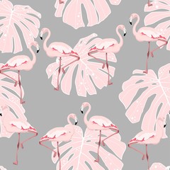 Pink flamingo, monstera leaves, grey background. Floral seamless pattern. Tropical illustration. Exotic plants, birds. Summer beach design. Paradise nature.