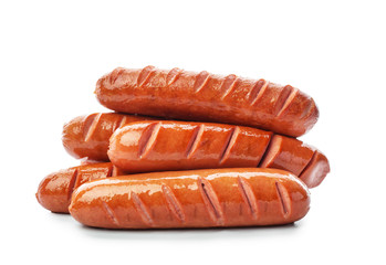 Tasty grilled sausages on white background