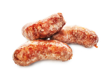 Tasty grilled sausages on white background
