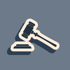 Black Judge gavel icon isolated on grey background. Gavel for adjudication of sentences and bills, court, justice, with a stand. Auction hammer symbol. Long shadow style. Vector Illustration