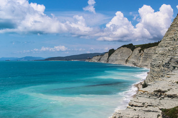 beautiful summer view of the rocks and wild beach in the camp "Sosnovka", on the outskirts of the resort city of Gelendzhik. great place to stay. Black sea coast