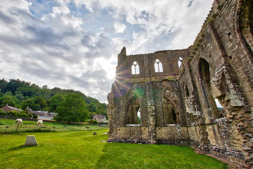 Fototapeta na wymiar The ruins of Tintern Abbey, founded by Walter de Clare, Lord of Chepstow, on 9 May 1131. It is situated adjacent to the village of Tintern in Monmouthshire, Wales, UK.