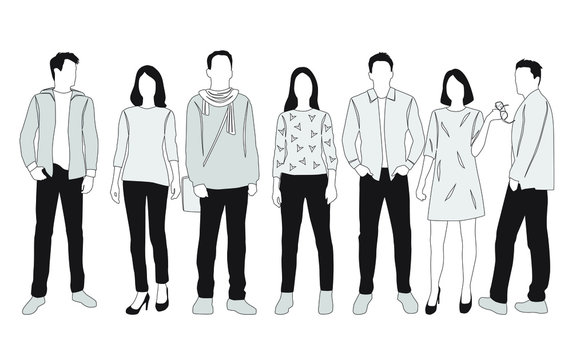 Vector silhouettes of  men and a women, a group of standing  business people,  linear sketch, black, gray and white color isolated on white background