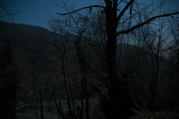 Full moon over quiet village at night. Beautiful night landscape of old town street with lights