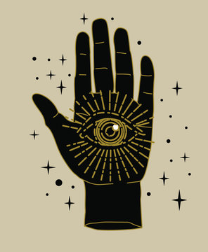 The Hand of the Philosopher, Palm with The Eye of Providence. Vector illustration for tattoo design or fashion print in simple line art style.