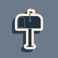 Black Mail box icon isolated on grey background. Mailbox icon. Mail postbox on pole with flag. Long shadow style. Vector Illustration