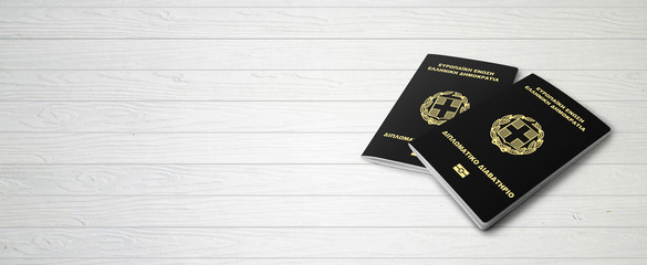 Greek Passports on Wood Lines Background Banner with Copy Space - 3D Illustration
