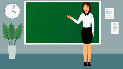 School teacher character standing at chalkboard background. Teacher, professor standing in front of blackboard teaching student in classroom at school, college or university