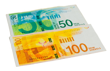 100 and 50 shekels on a white background.