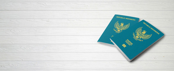 Indonesian Passports on Wood Lines Background Banner with Copy Space - 3D Illustration