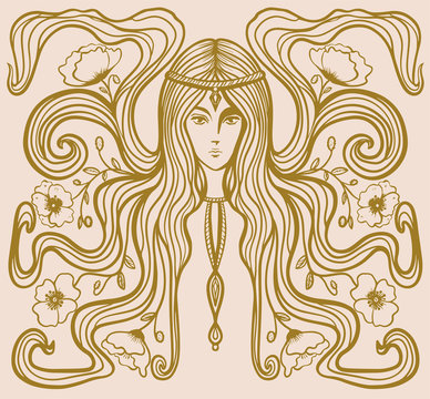 girl with poppies in her hair in art nouveau style with, hippie girl