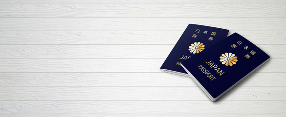 Japanese Passports on Wood Lines Background Banner with Copy Space - 3D Illustration