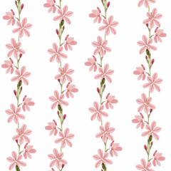 Seamless pattern with stylized bright summer wild garden flowers. Endless vertical texture. Pink and green colors.
